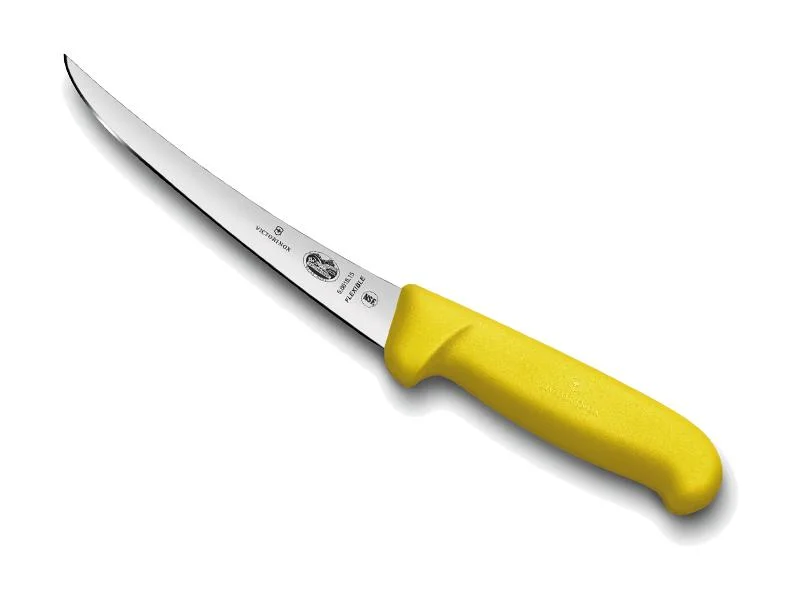 couteau victorinox désosse, manche fibrox, couleur jaune, lame inox courbe rigide 12 cm