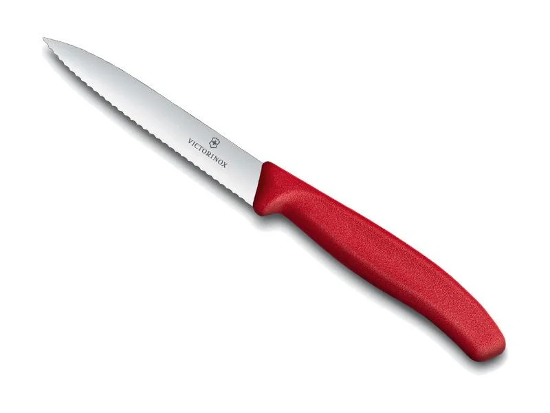 couteau victorinox office, manche polypropylène rouge, lame crantée inox 10 cm